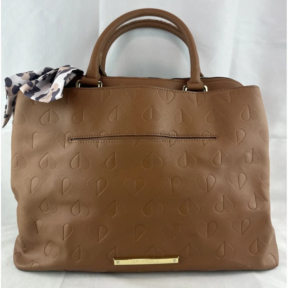 Betsey Johnson Heart Embossed Brown Triple Compartment Large Satchel Purse‎ Tote